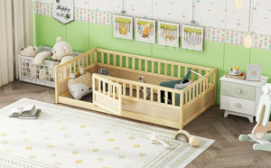 English Elm Twin Size Montessori Floor Bed With High Security Barrier & Child-Friendly Door - Natural Wood W1858P195272-GIGA