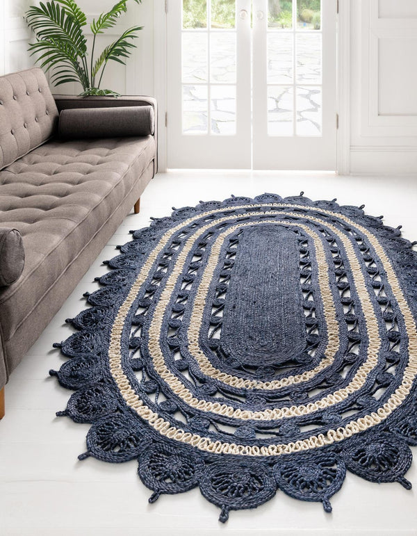 Unique Loom Braided Jute Punita Hand Braided Novelty Rug Navy Blue and White,  5' 1" x 8' 0"