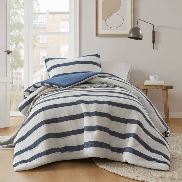 English Elm 2-piece Yarn-dyed Striped Comforter Set Seersucker Texture Coastal Japandi Bedding B035P463218