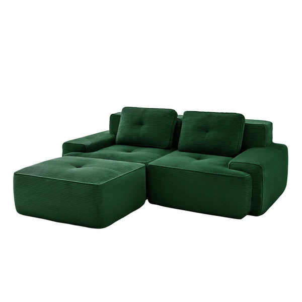 English Elm 82" Modern L-Shaped Modular Sectional Sofa with Plush Corduroy, Deep Ergonomic Seats & Movable Ottoman Green W714S01483