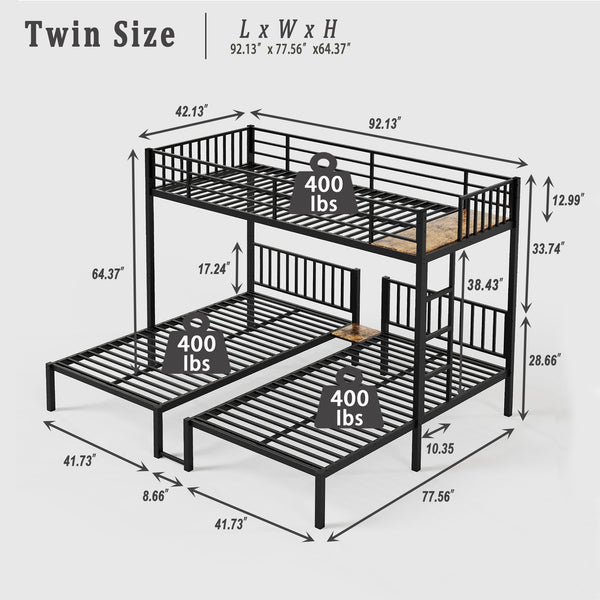English Elm Triple Triple Bunk Bed for Kids - Metal 3-Twin Convertible Set, Detachable, Durable, Space-Saving Design W3752S00001