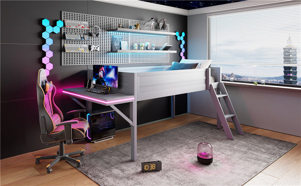 English Elm Wood Twin Gaming Loft Bed with Desk, LED Lighting & Storage Shelves—Sturdy Pine Build for Kids (98) N709P236479E
