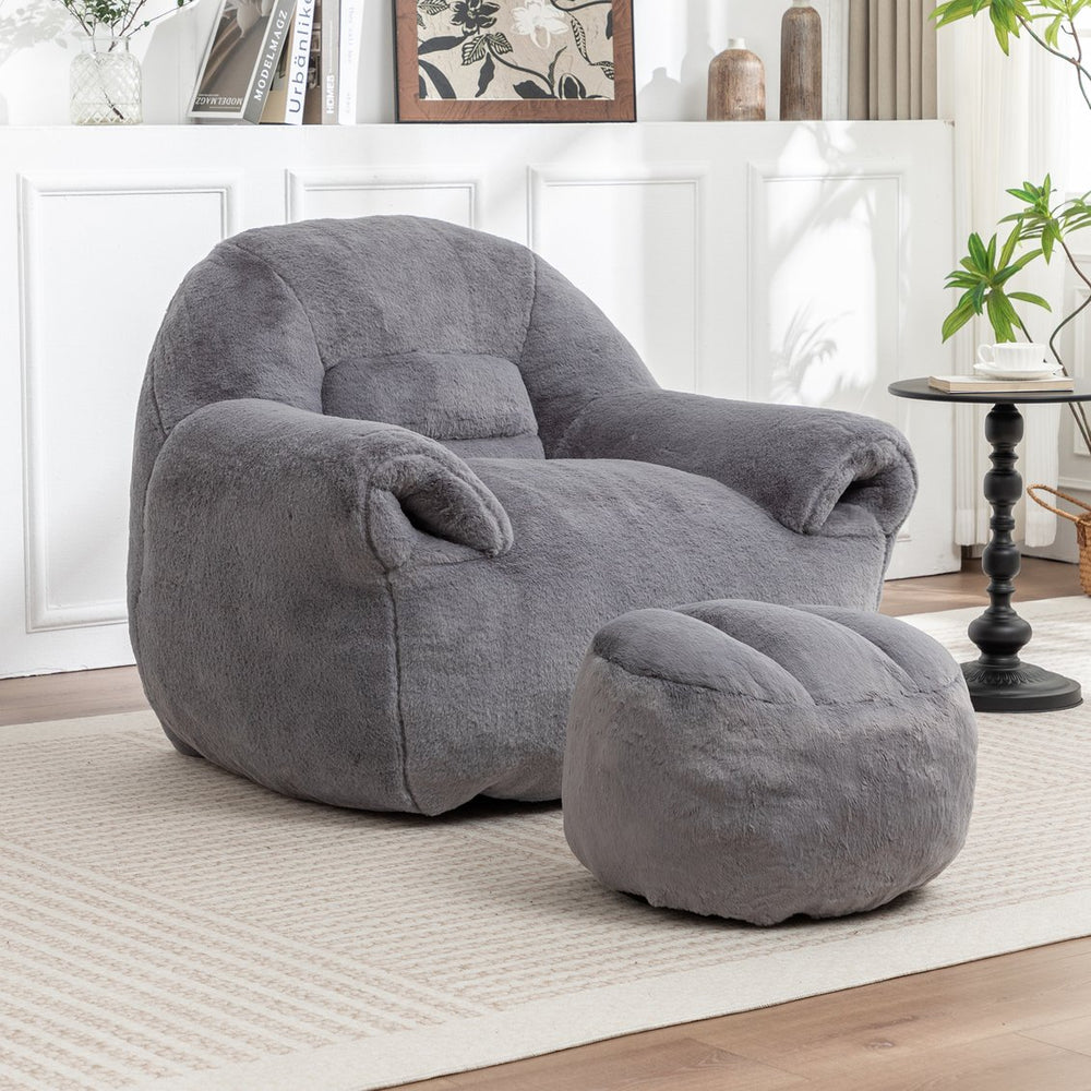 English Elm Bean Bag Chair - Luxurious Faux Fur Sofa With Footstool For Cozy Comfort In Living Room & Bedroom W2200P326904