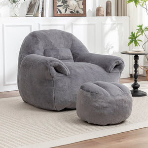 English Elm Bean Bag Chair - Luxurious Faux Fur Sofa With Footstool For Cozy Comfort In Living Room & Bedroom W2200P326904