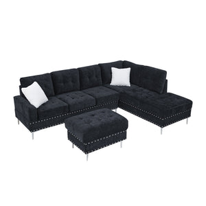 English Elm Sectional L-Shaped Chenille Sofa with Chaise Storage Ottoman, Metal Eucalyptus Frame, 4-Seater Spacious Navy Blue W1413S00118