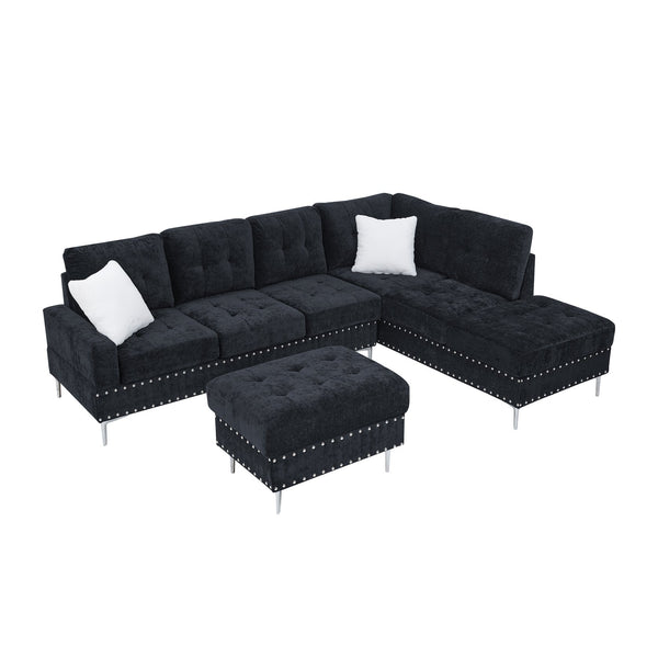 English Elm Sectional L-Shaped Chenille Sofa with Chaise Storage Ottoman, Metal Eucalyptus Frame, 4-Seater Spacious Navy Blue W1413S00118