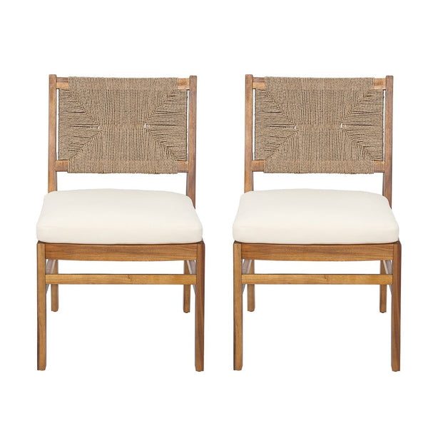 English Elm Outdoor Acacia Wood Dining Set Seats Six with Woven Wicker Back Cushioned Chairs N773OD00084B