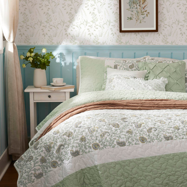 JLA Home Madison Park - 6 Cotton Percale Quilt Set with Floral Pintuck, Lace Taping and Three Throw Pillows for Cottage Chic Bedding 90 L x 90 W x 0.25H MP13-8601
