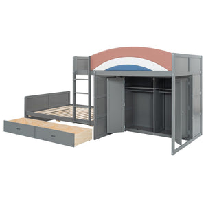 English Elm Full Size Offset Bunk Bed with Wardrobe Hanging Rod Drawers and Upholstered Rail Gray N820S00081E