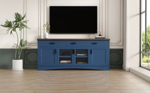 English Elm Christopher Knight Home® - Modern Blue TV Stand 67" with Walnut Top, Glass Door Center, 3 Drawers & Adjustable Shelves for Storage and Media Organization N779P296233B