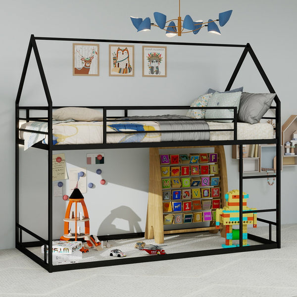 English Elm Metal Twin over Twin Bunk Bed Sturdy Heavy-Duty Frame with Silent Slats, 13" Guardrail & Ladder Black W1935P330797