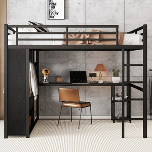 English Elm Queen Size Loft Bed Frame With Integrated Wardrobe, Desk & Shelves - Space-Saving Black Design W1580S00105-GIGA