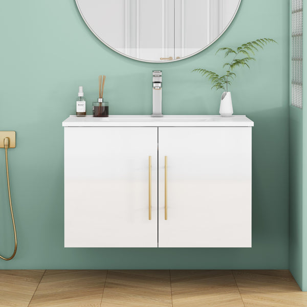 English Elm 30-Inch Sleek White Gloss Wall-Mounted Bathroom Vanity With Gold Handles & Soft-Close Doors, Easy Install W3151S00052
