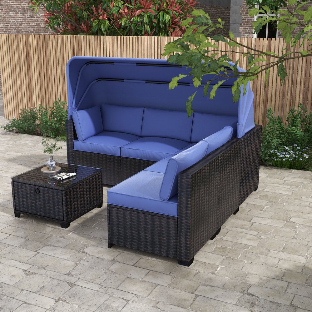 English Elm Outdoor Daybed Convertible Patio Sofa with Canopy, Antique Blue Rattan Set, Ottoman, Waterproof Cushions and Lift Table W861S00008
