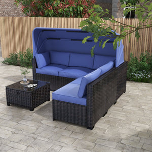 English Elm Outdoor Daybed Convertible Patio Sofa with Canopy, Antique Blue Rattan Set, Ottoman, Waterproof Cushions and Lift Table W861S00008