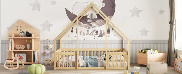 English Elm Full House-Shaped Floor Bed with Fence and Guardrails, Pine Wood Play Loft for Imaginative Kids Retreat Natural W504P143295