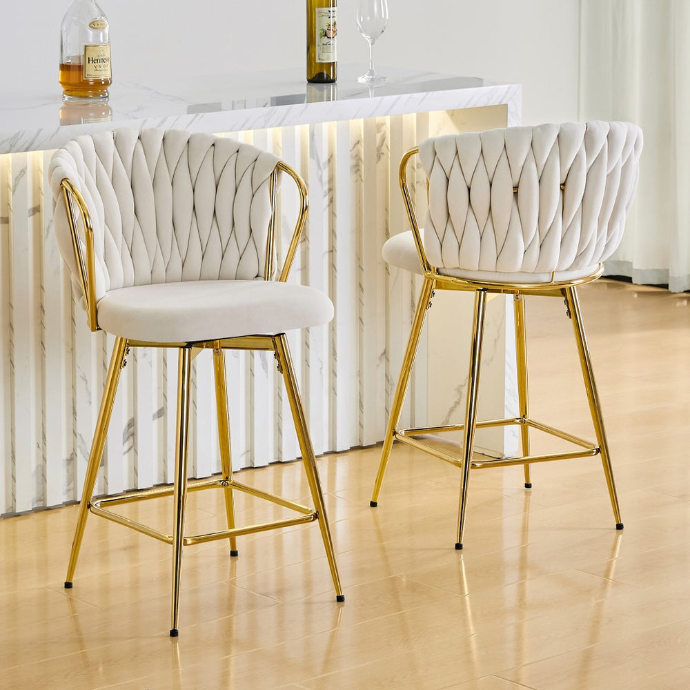 English Elm Set of 2 Velvet Counter Stools Woven Rope Backrest Padded Seat for Kitchen Island W3875P388492