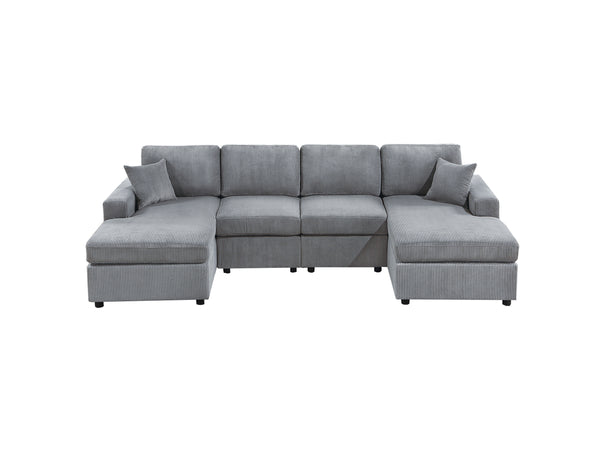 English Elm Stunning Corduroy 2pc Sectional Sofa with Dual Chaises, Square Arms, Plush Pillows, Modern Luxe Fog 69 L x 35 W x 18 H B011S01238