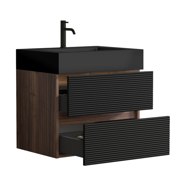 English Elm Grace Mid-Century Wall-Mounted Bathroom Vanity with White Quartz Basin, 20% More Storage, Soft-Closing Drawers and Hidden Handle for Quiet, Durable Modern Style Black+Brown W1865S00118