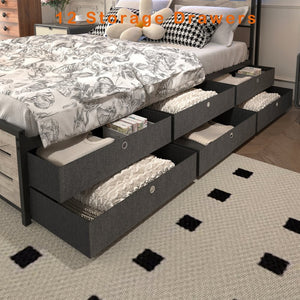 English Elm Queen-size Storage Platform Bed with Led Headboard 12 Drawers and Charging Station Gray W5026P404143