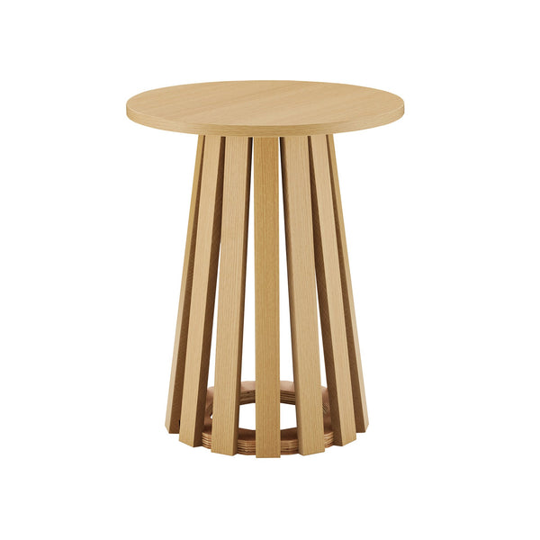 English Elm Layla Round End Table with Slatted Conical Base, Wood Grain Finish, Compact Surface for Decor Light Oak B365P398079