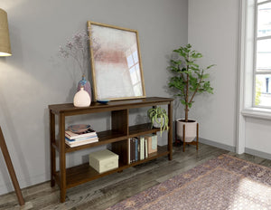 English Elm Wood Open Shelf Bookcase Walnut Finish Mid Century Modern Low Profile Living Room Chestnut B2751P436406