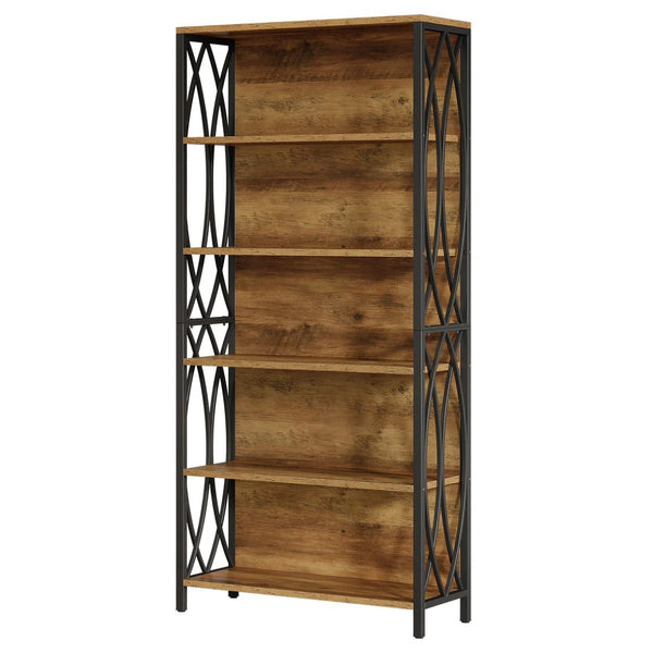 English Elm Storage Bookshelf with Vine Panel Design Seven Open Tiers for Living Room or Office T3971P461081