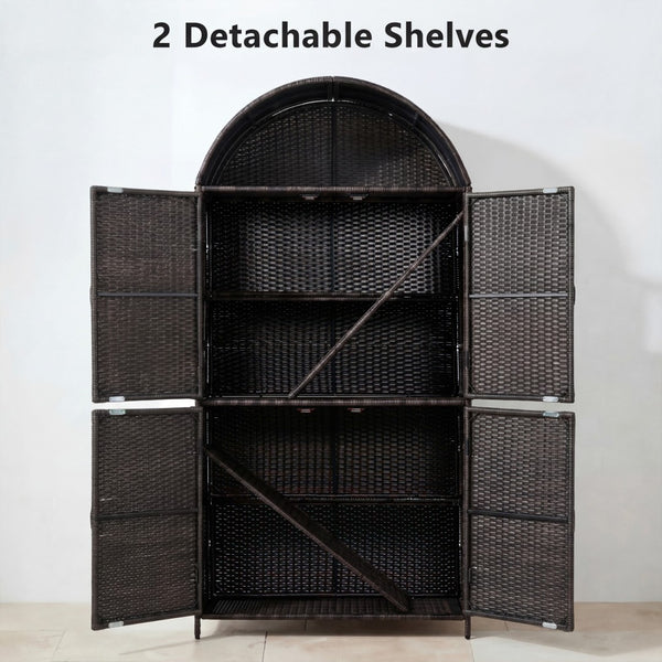 English Elm K&k Tall Arched Pe Rattan Outdoor Storage Cabinet with Adjustable Shelves and Steel Frame Brown+Black N707P420158D