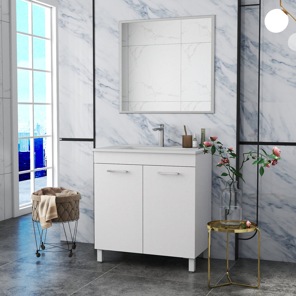 English Elm 32-Inch Elegant Floor-Mounted Bathroom Vanity Set With Ceramic Sink, Mirror, Soft-Close Doors & More W3151S00030