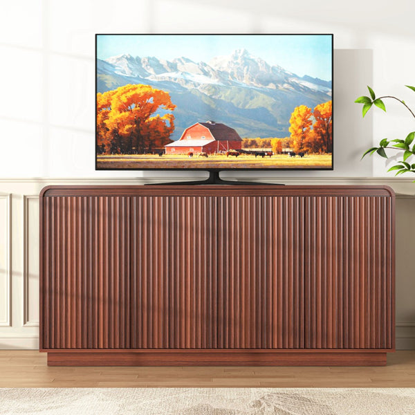English Elm Black Fluted Wave Door Media Console with Built-in Power Outlet and Adjustable Shelving Walnut W409P452058