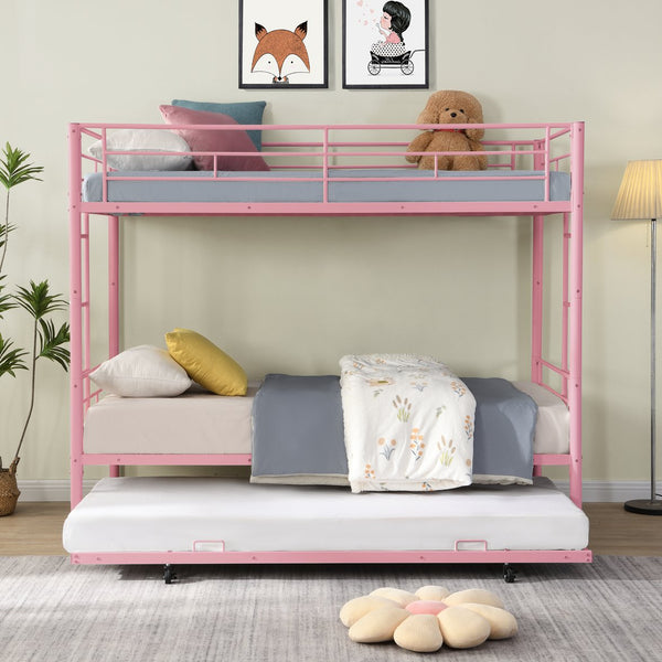 English Elm METAL Twin-Over-Twin Bunk Bed with Trundle Pink — Sturdy Steel Frame, Space-Saving, Quiet & Safe Steps W311P256413