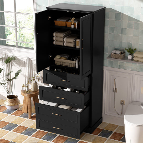 English Elm 72.2'' Tall Freestanding Bathroom Cabinet with 3 Drawers, Adjustable Shelf, Soft-Close Doors, Modern Elegant Design Black N729P296769B