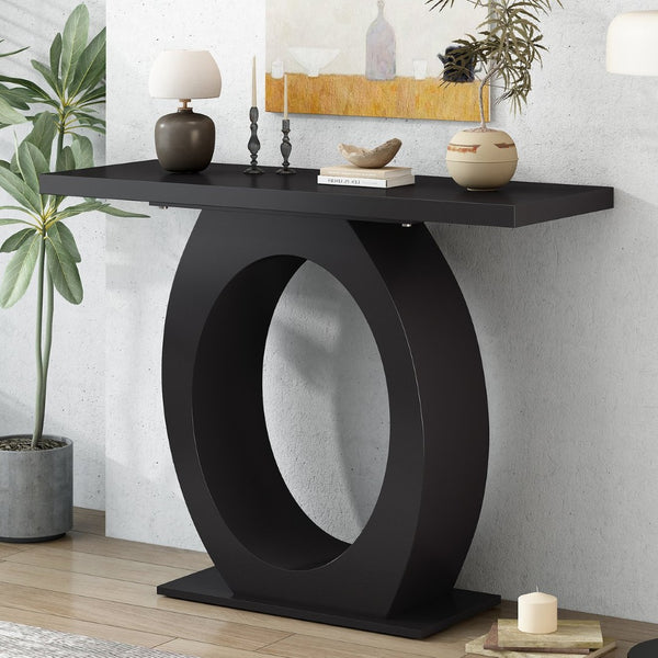 English Elm Mirod Sculptural Console Table Acacia Veneer Gloss Top Egg Base Entryway Accent Black N760P214780B