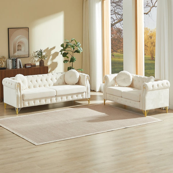 English Elm Velvet Chesterfield Tufted Sofa with Copper Stud Trim and Gold Legs for Glam Living Beige W834S00626