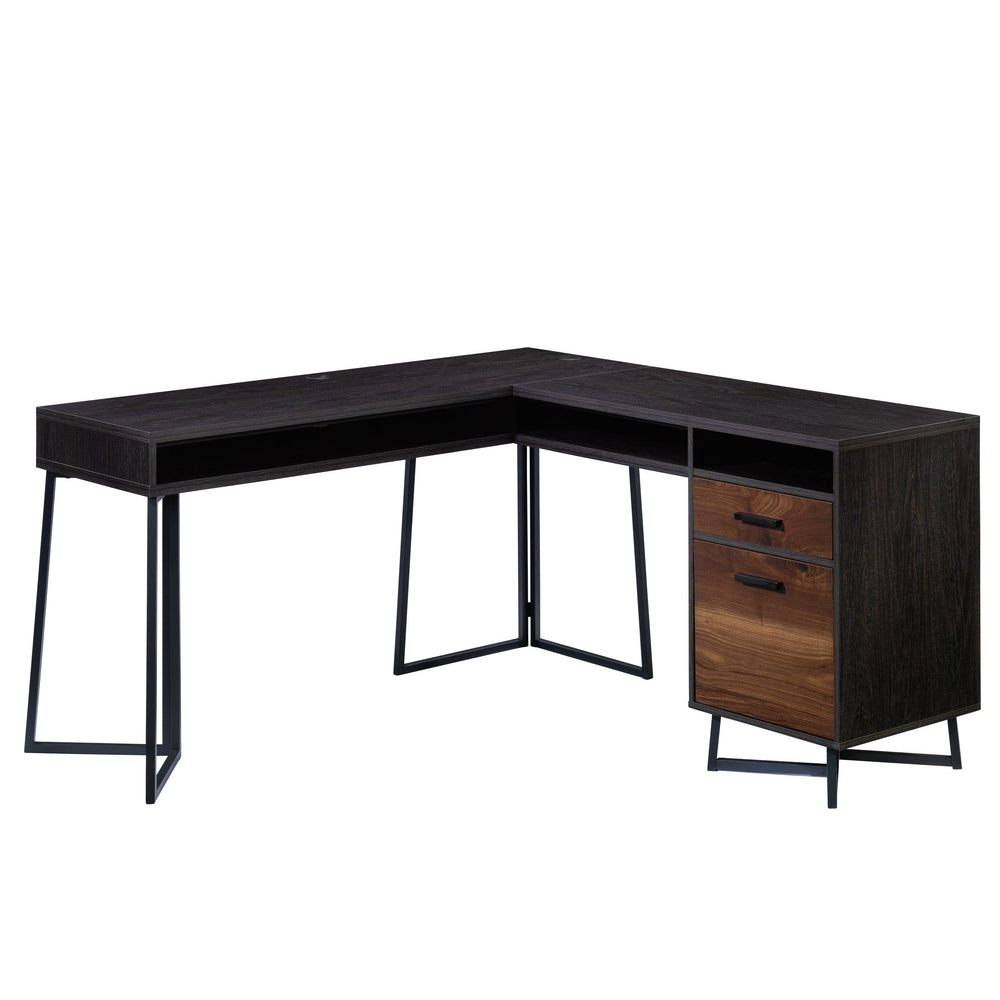 English Elm L-Shaped Desk In Rich Dark Walnut Finish - Space-Saving Workstation With Ample Storage & Cable Management B356P354466