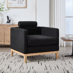 English Elm 35.4" Wide Modern Farmhouse Accent Chair With Soft Black Boucle, Natural Wood Legs & Bolster Pillows W3118P283468