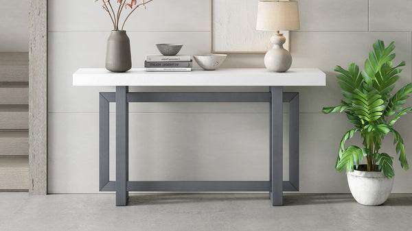 English Elm U_style Farmhouse Console Table with Three Drawers Open Shelf Entryway Organizer Dark Gray+White N711P410422M