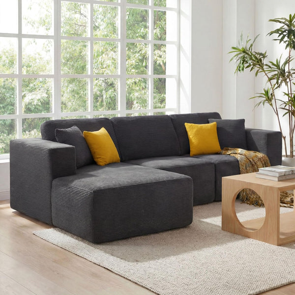English Elm 109" Cloud Modular Sectional Corduroy Sofa Deep Seat L-shape Chaise for Living Room Grey W1521S00090