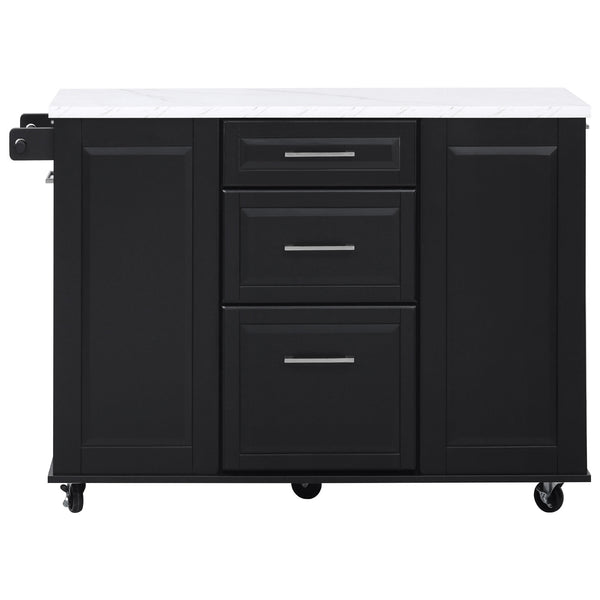 English Elm K&K Vintage Convex Kitchen Island Cart with Faux Marble Top, Tilt Trash, Pull-Out Organizer, Wheels Black N707P299008B