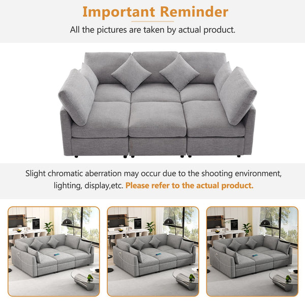 English Elm 86.6" Sectional Sofa Modular U-Shape Convertible Sofa Bed with Movable Ottoman, USB Ports & Chenille Comfort LIGHT GREY N719S002130R