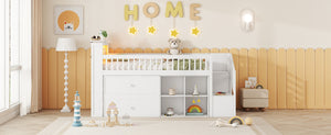 English Elm Twin Loft Bed with Built-In Stairs, Shelves, Hanging Rod & 2 Drawers for Space-Saving Kids Room White 45.87 L x 18.5 W x 10.83 H W2593S00004