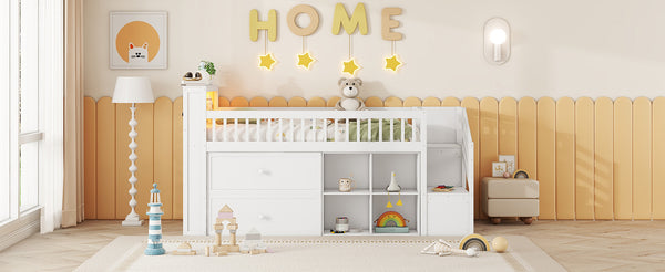 English Elm Twin Loft Bed with Built-In Stairs, Shelves, Hanging Rod & 2 Drawers for Space-Saving Kids Room White 45.87 L x 18.5 W x 10.83 H W2593S00004
