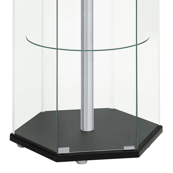 English Elm Tenley Hexagonal Black & Chrome Glass 4-Shelf Curio Cabinet — Modern Accent Display Shelf, 63.5" B062P328641