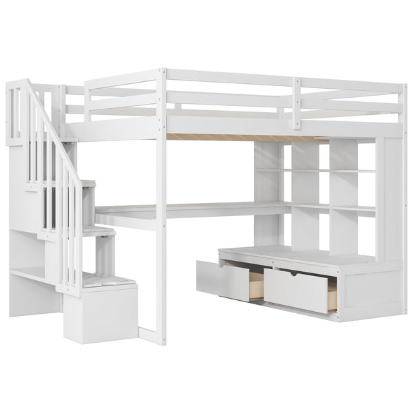 English Elm Full Full Size Loft Bed with Desk, Shelves, Two Drawers and Storage Staircase in Warm Wood Finish White GX000397AAK