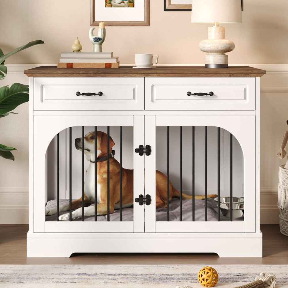 English Elm 43.3" Farmhouse Mdf Dog Crate Console with Drawers and Rotating Bowls for Large Breeds N704P414580A