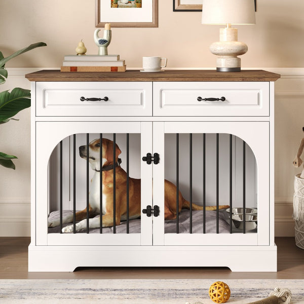 English Elm 43.3" Farmhouse Mdf Dog Crate Console with Drawers and Rotating Bowls for Large Breeds N704P414580A