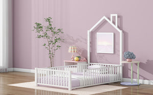 English Elm Twin House Metal Platform Bed with Guardrail & Chimney, White — Kids Playful Frame, Safe Sleep Design N709P203151K