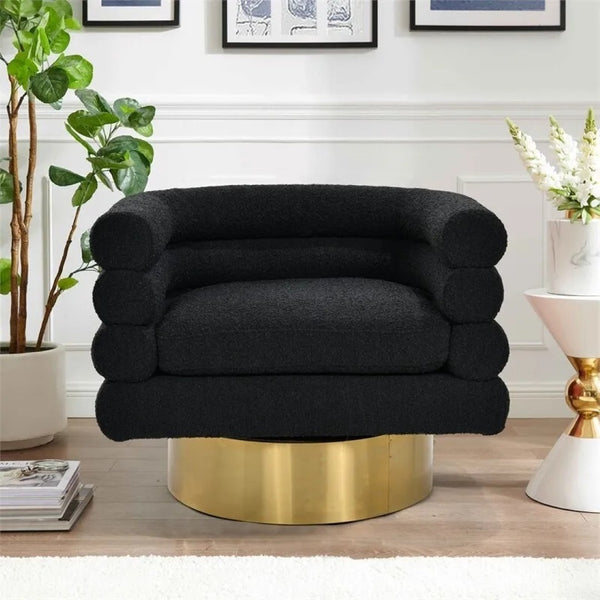 English Elm Modern Boucle Upholstered Barrel Swivel Chair with Brushed Gold Base for Living Room Black B011P426603