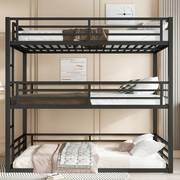 English Elm Full Triple Bunk Bed - Heavy-Duty Metal Frame With Safety Guardrails, Space-Saving Design, Black W1580S00144