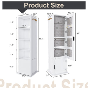 English Elm 360° Rotating Tower Cabinet with Full Length Mirror Open Shelving and Jewelry Storage White W509P456172